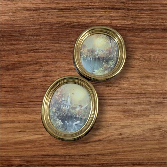 Vintage Homco Oval Gold Wall Plaques Scenic Cottage & Swan Lake Art Set Of 2 - Picture 1 of 9